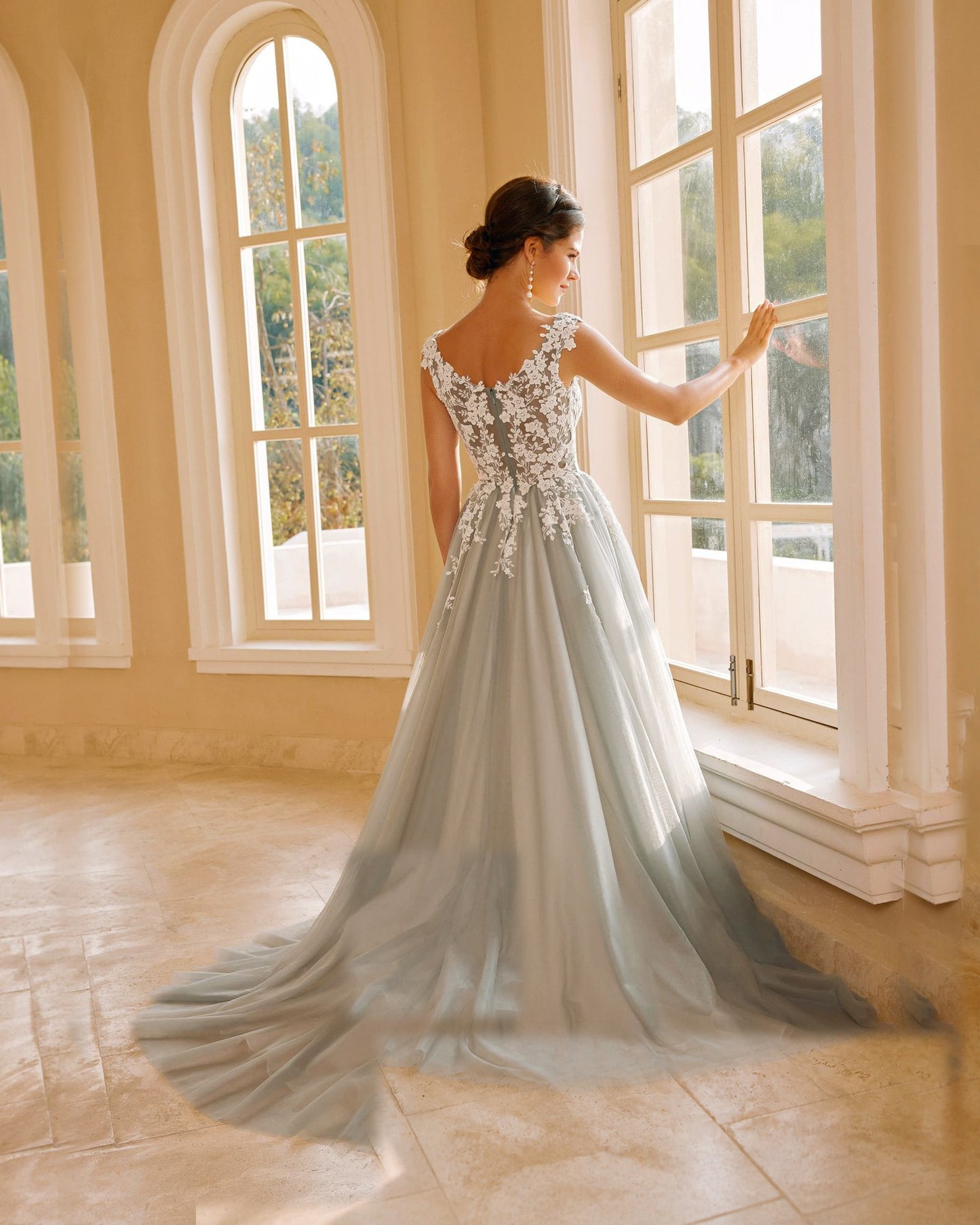 cap sleeve v-neck lace applique a-line wedding dress - image 6