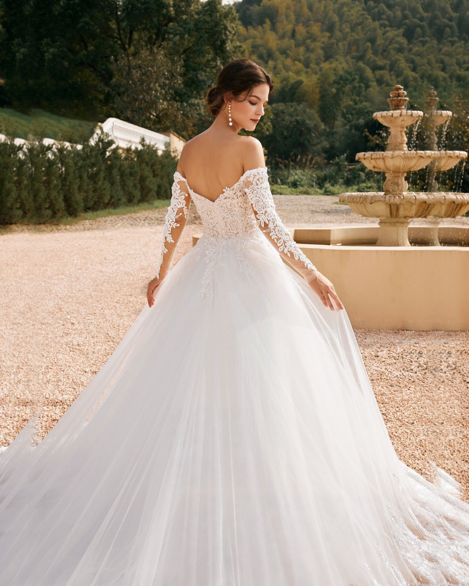 off-shoulder lace sleeve tulle wedding ball gown - image 6