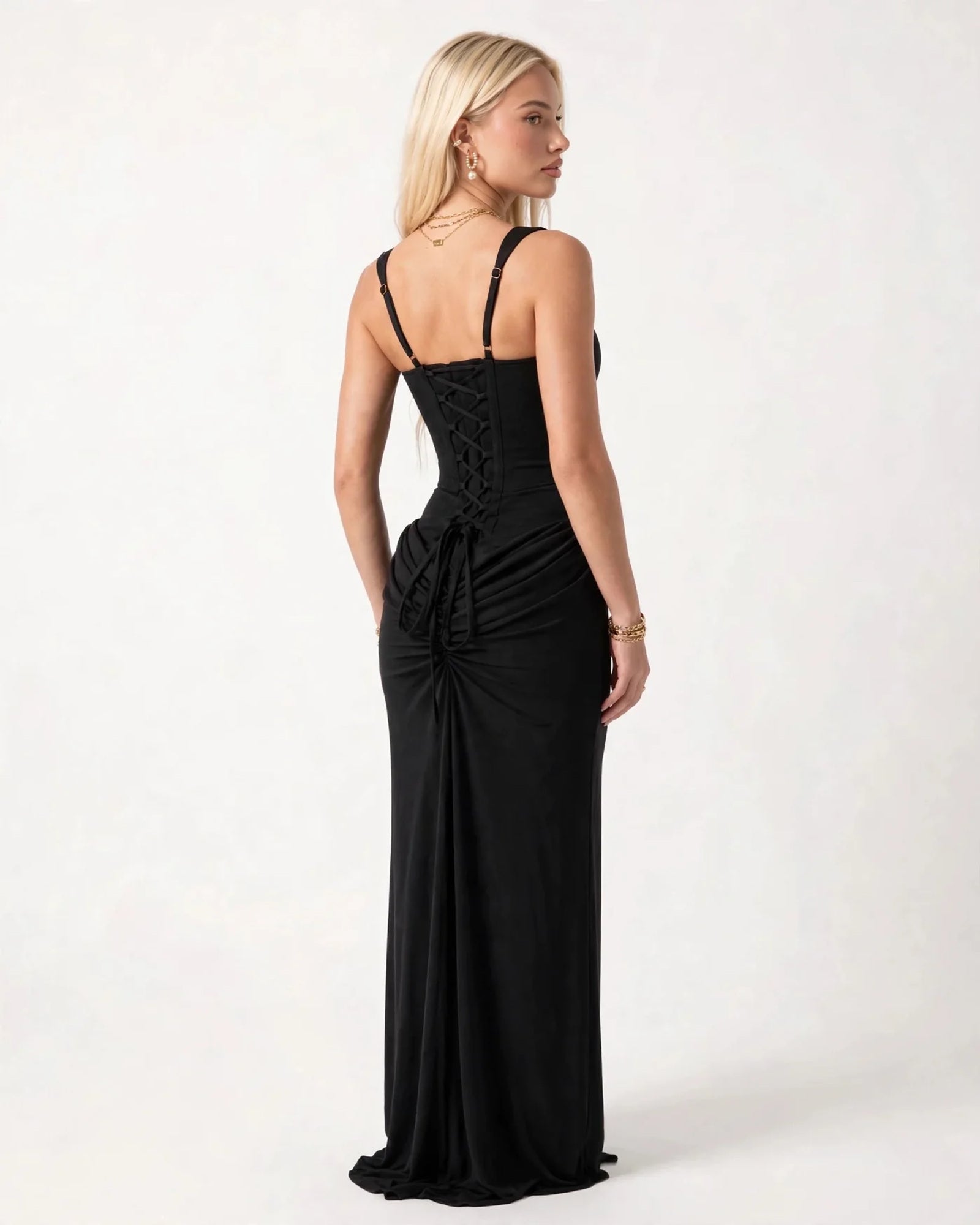 black square neck satin sheath formal dress with corset bodice - image 6