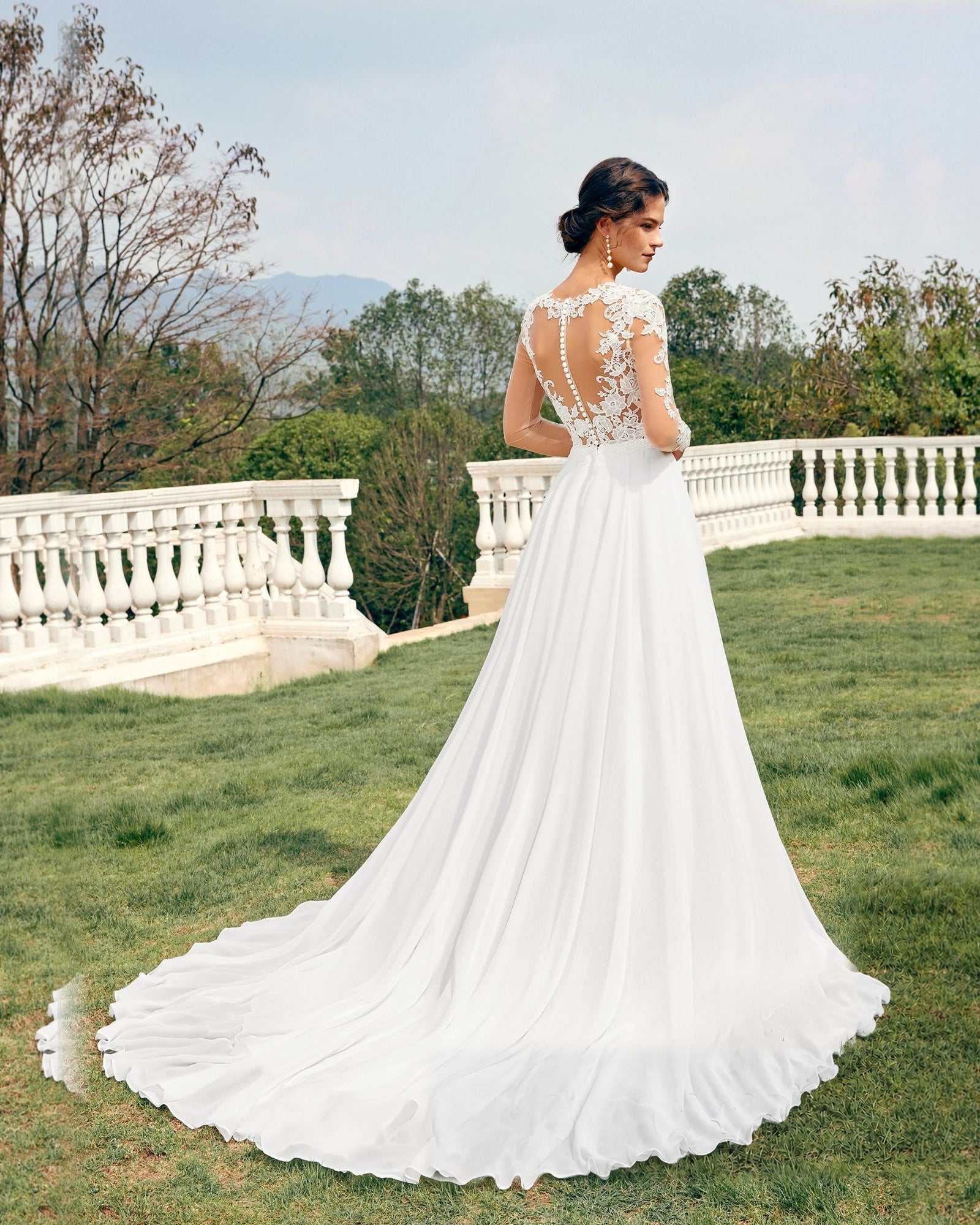 v-neck long sleeve lace chiffon a-line wedding dress - image 6