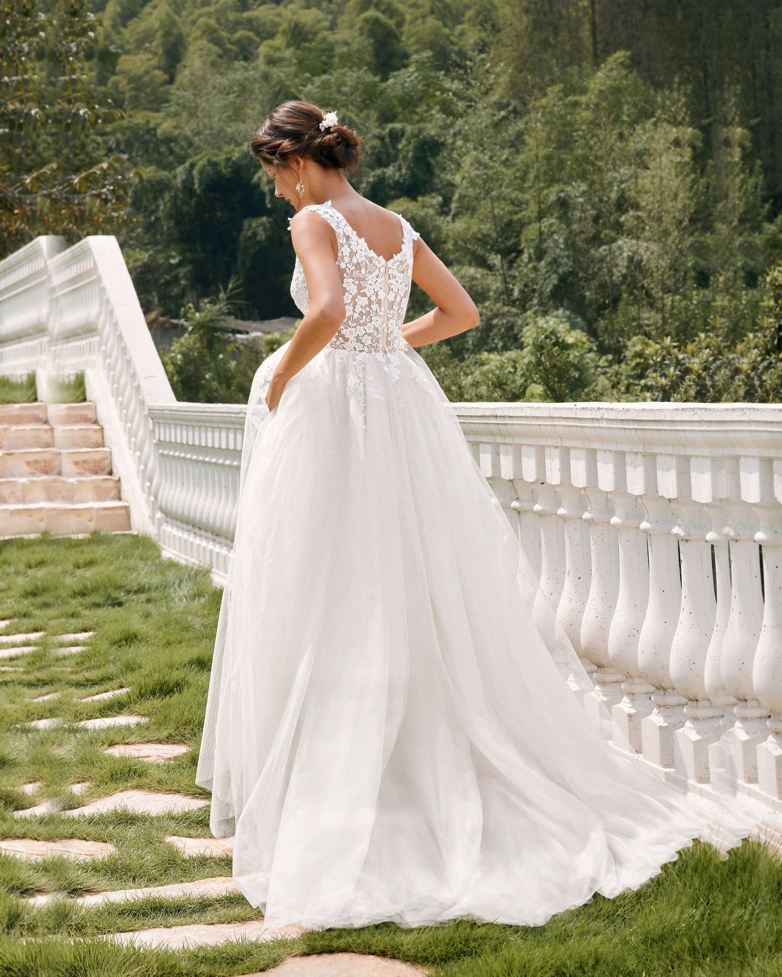 sleeveless v-neck lace tulle a-line wedding dress - image 6