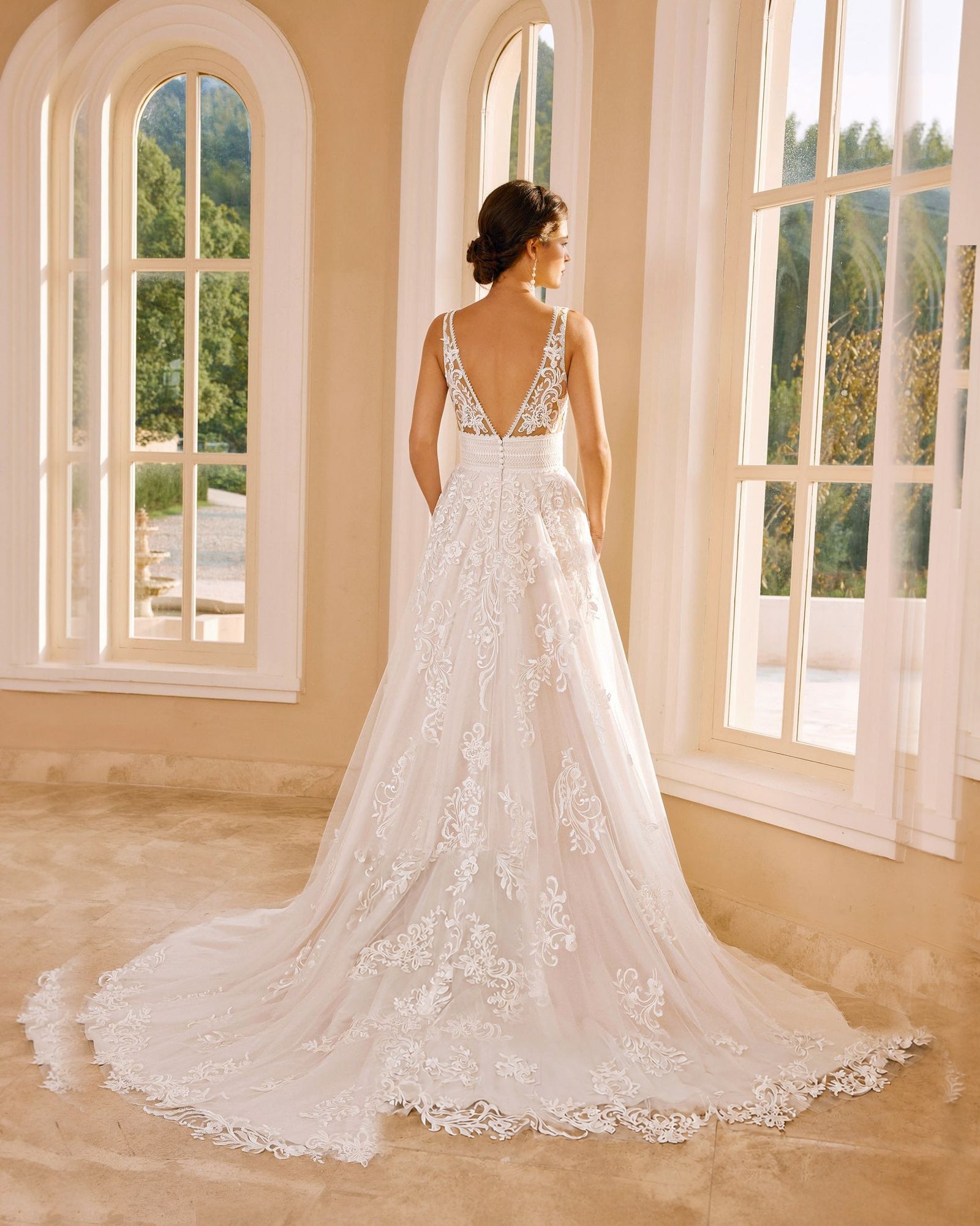 sleeveless v-neck lace tulle chapel train wedding dress - image 6