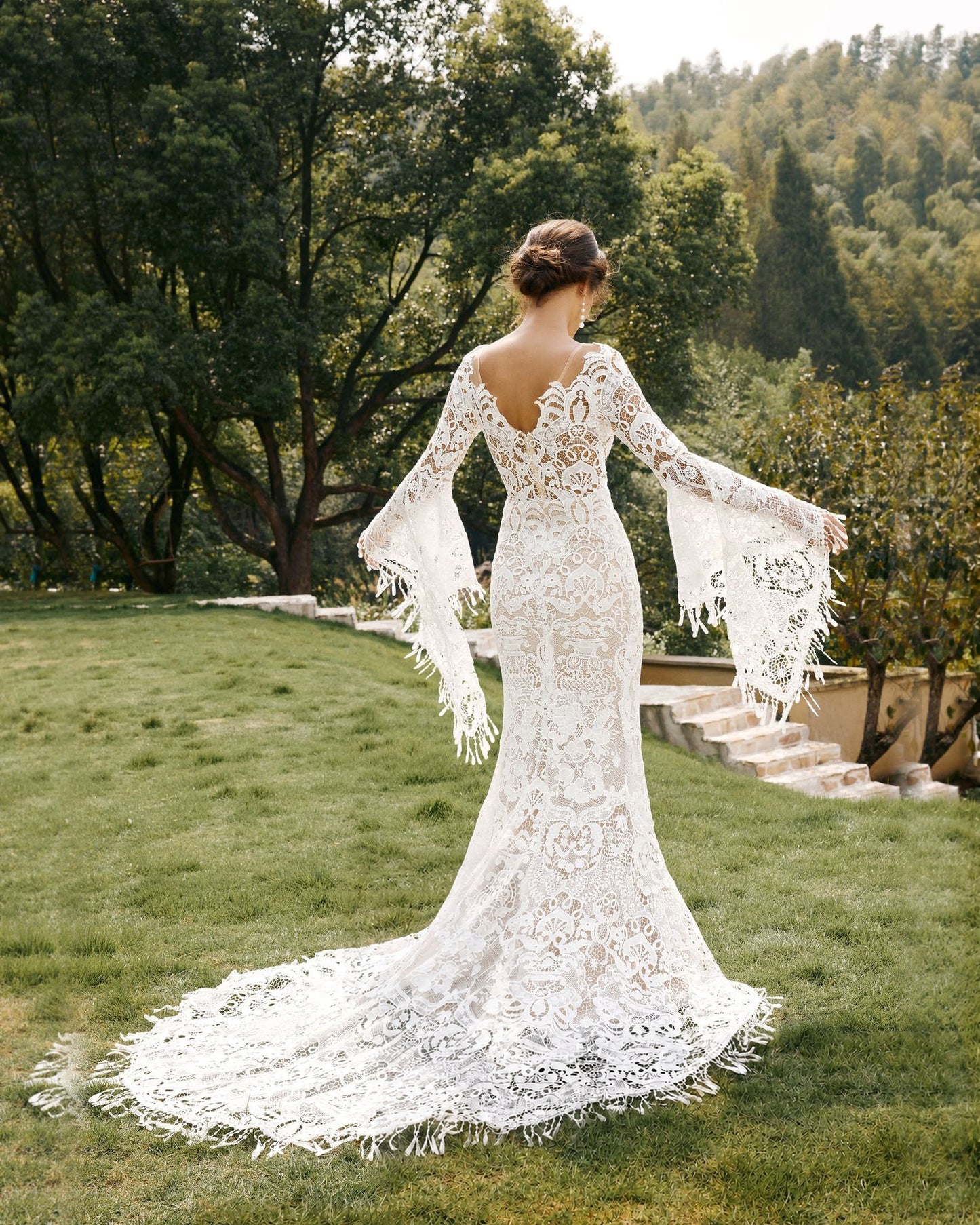 fringe bell sleeve lace mermaid wedding dress - image 6