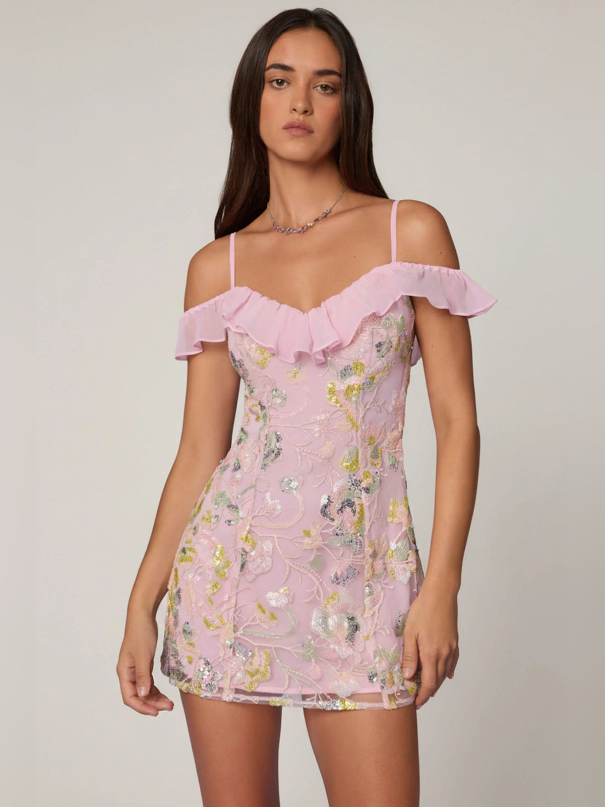 Pink mini homecoming dress, alternate view showing the full-length profile