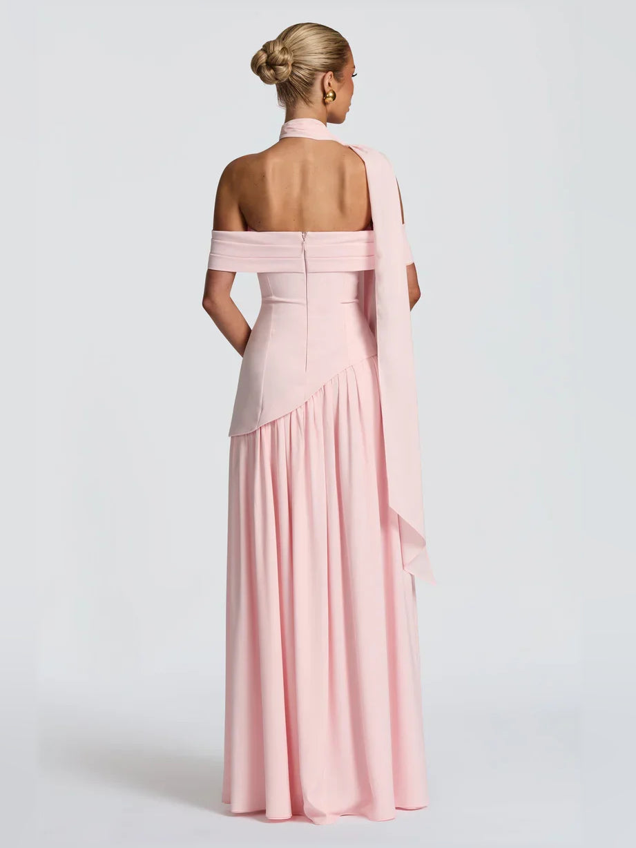Blush Pink sheath floor-length formal dress with draping, alternate view