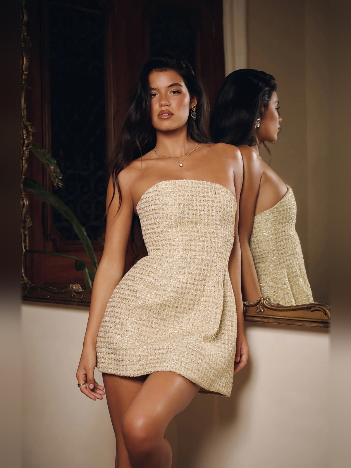 Gold mini homecoming dress, alternate view showing the full-length profile