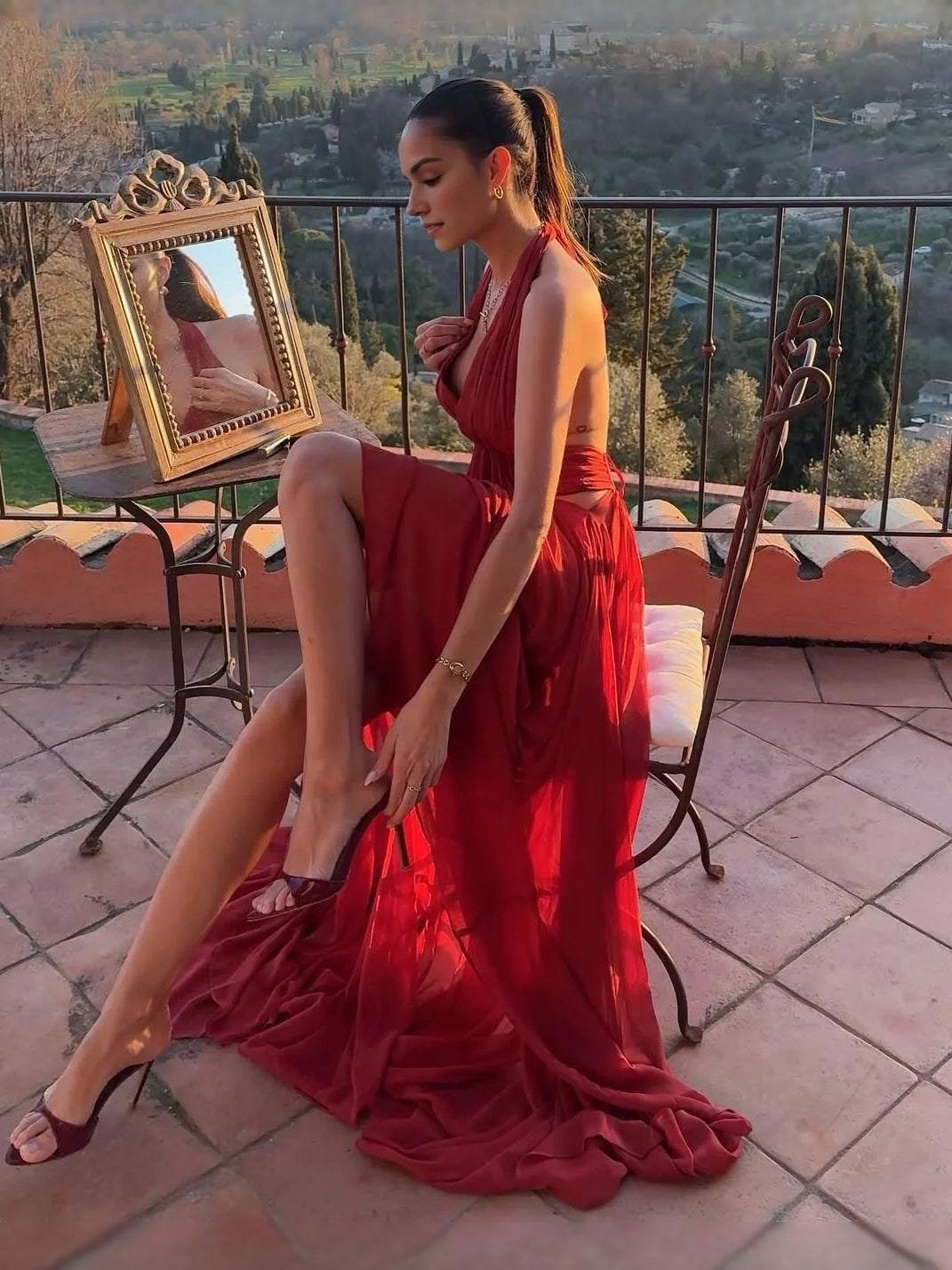 Champagne sheath floor-length formal dress with draping, alternate view showing the hem