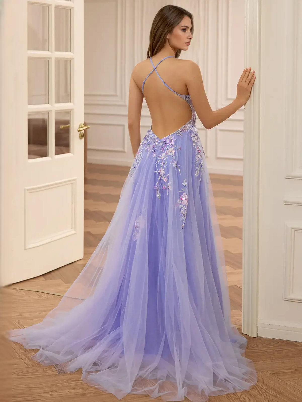 Blue floor-length prom dress, alternate view showing the full-length profile