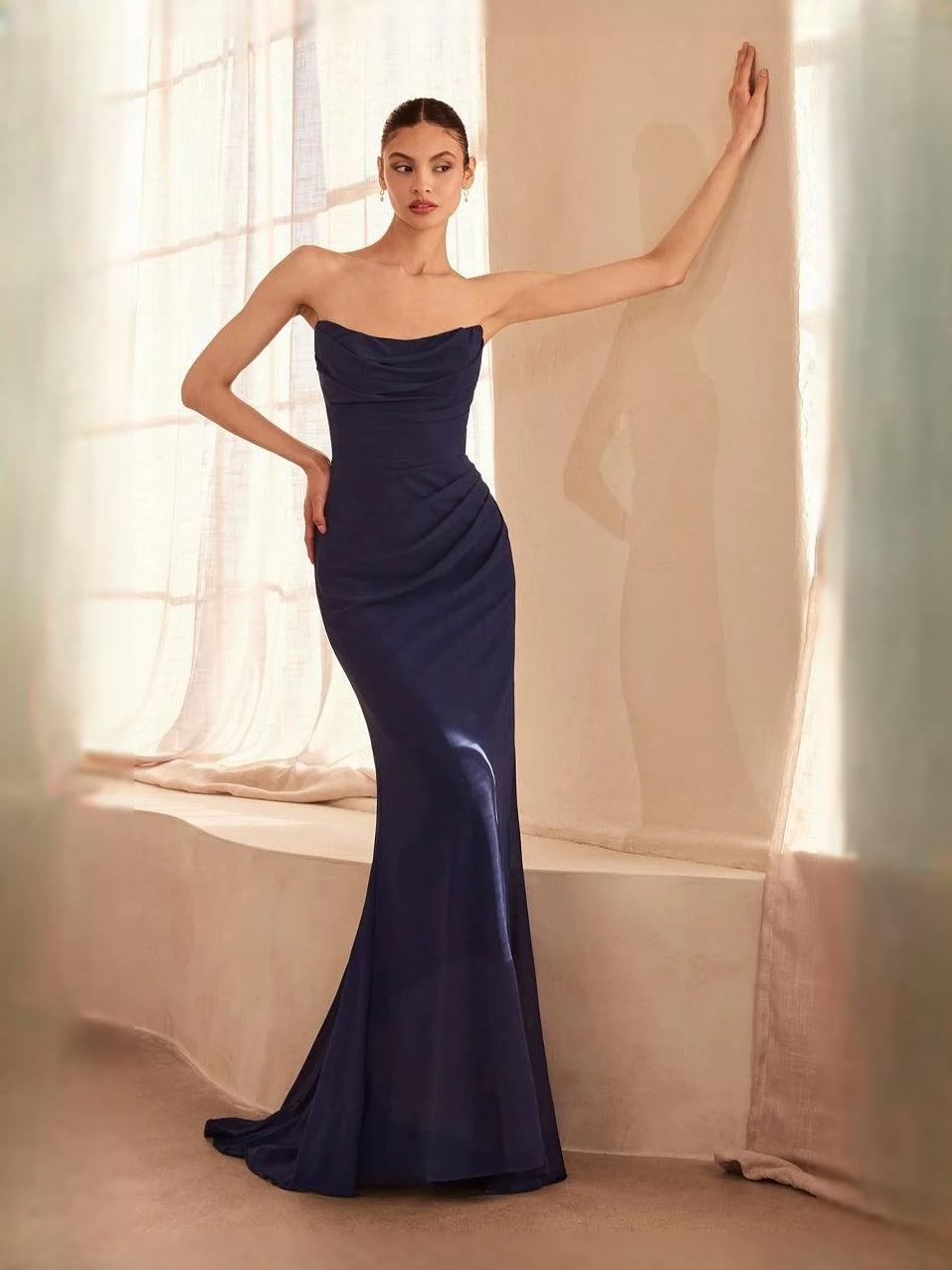 Navy Blue floor-length prom dress, alternate view showing the full-length profile
