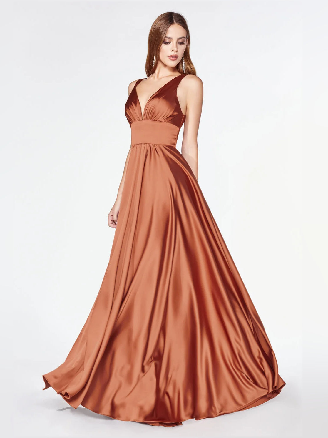 Vermilion floor-length prom dress, alternate view showing the full-length profile