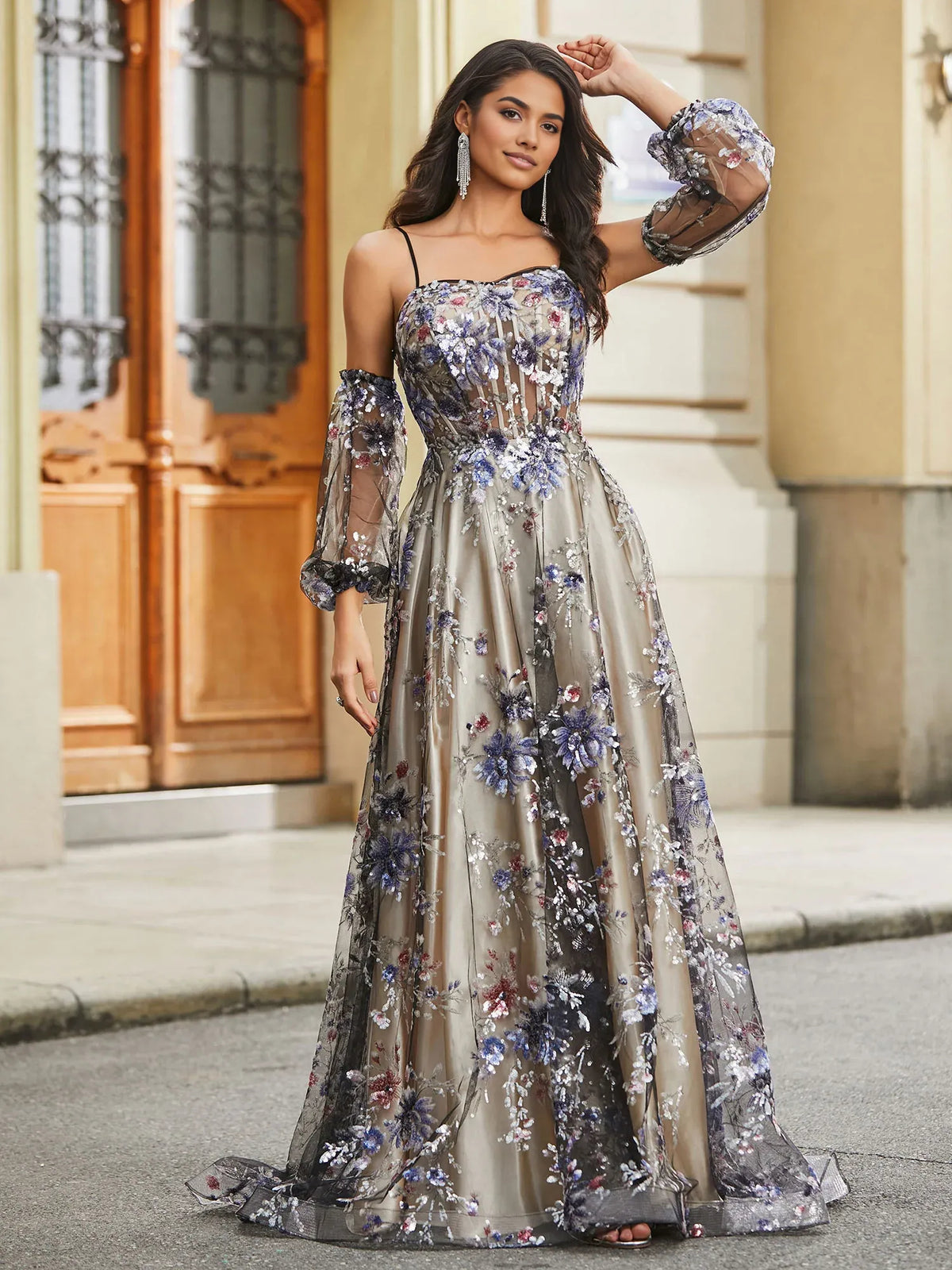 As Picture a-line floor-length formal dress with corset-style bodice, alternate view showing the hem