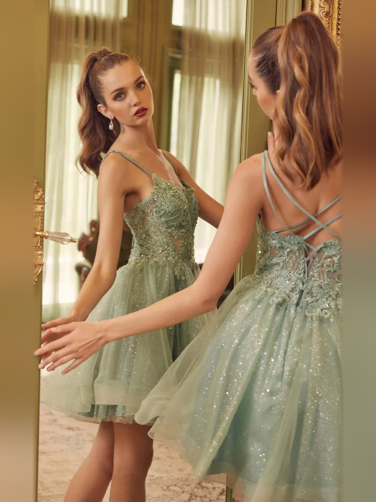 Silver short homecoming dress, alternate view showing the full-length profile
