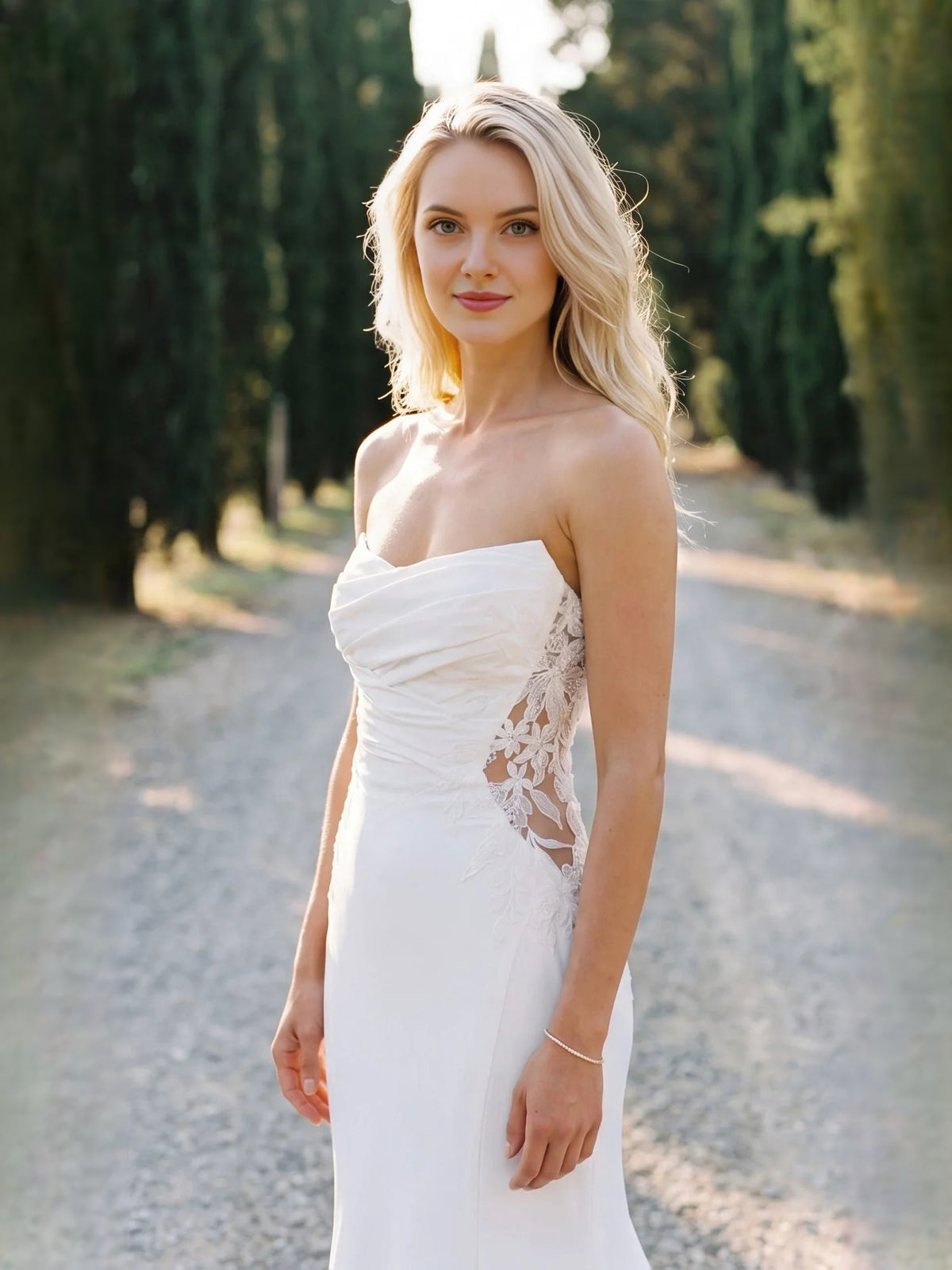 Ivory floor-length wedding dress, alternate view showing the full-length profile