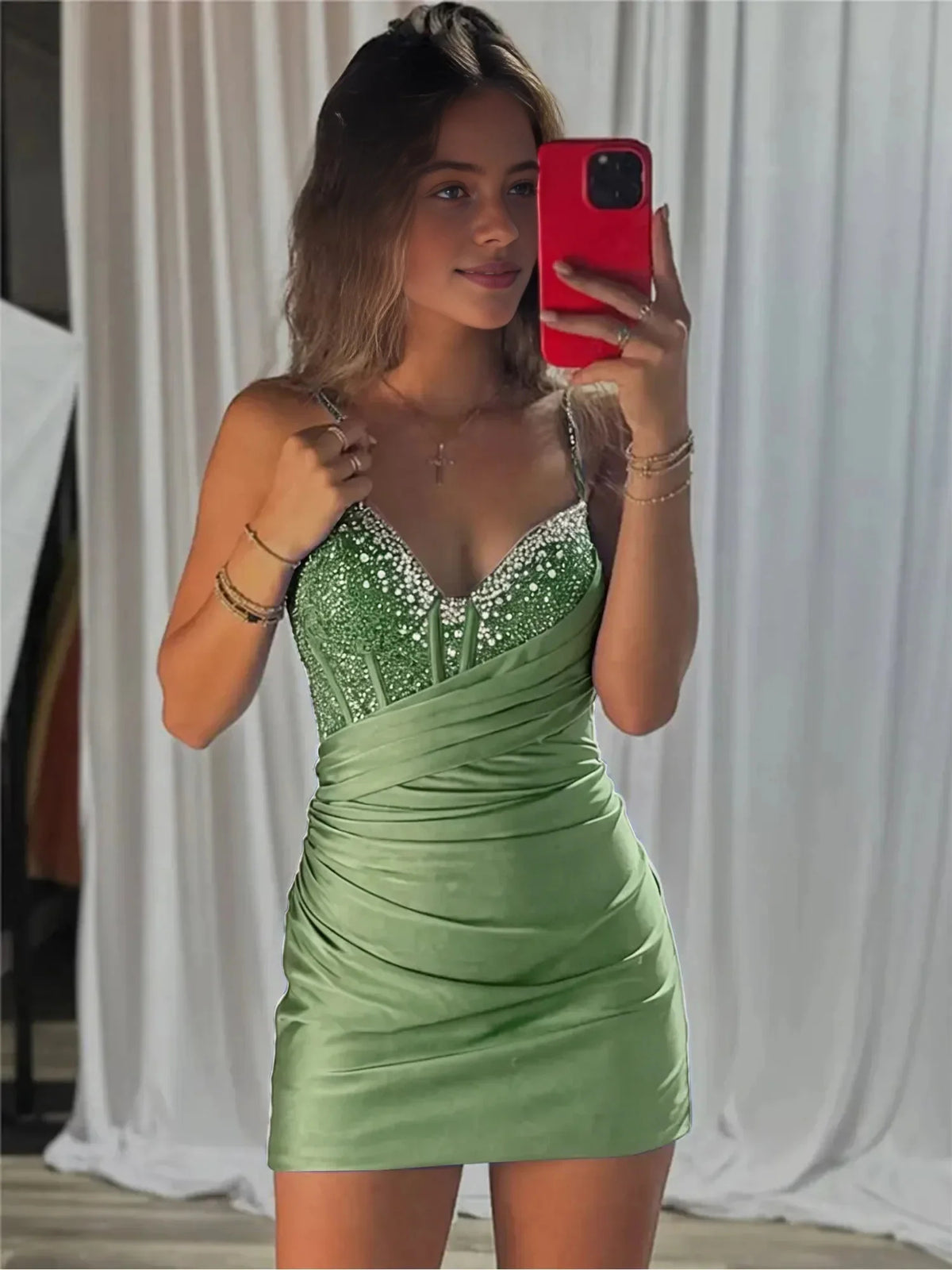 Eucalyptus mini homecoming dress, alternate view showing the full-length profile