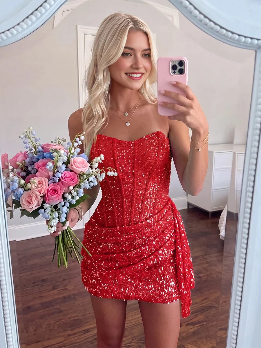 Red mini homecoming dress, alternate view showing the full-length profile
