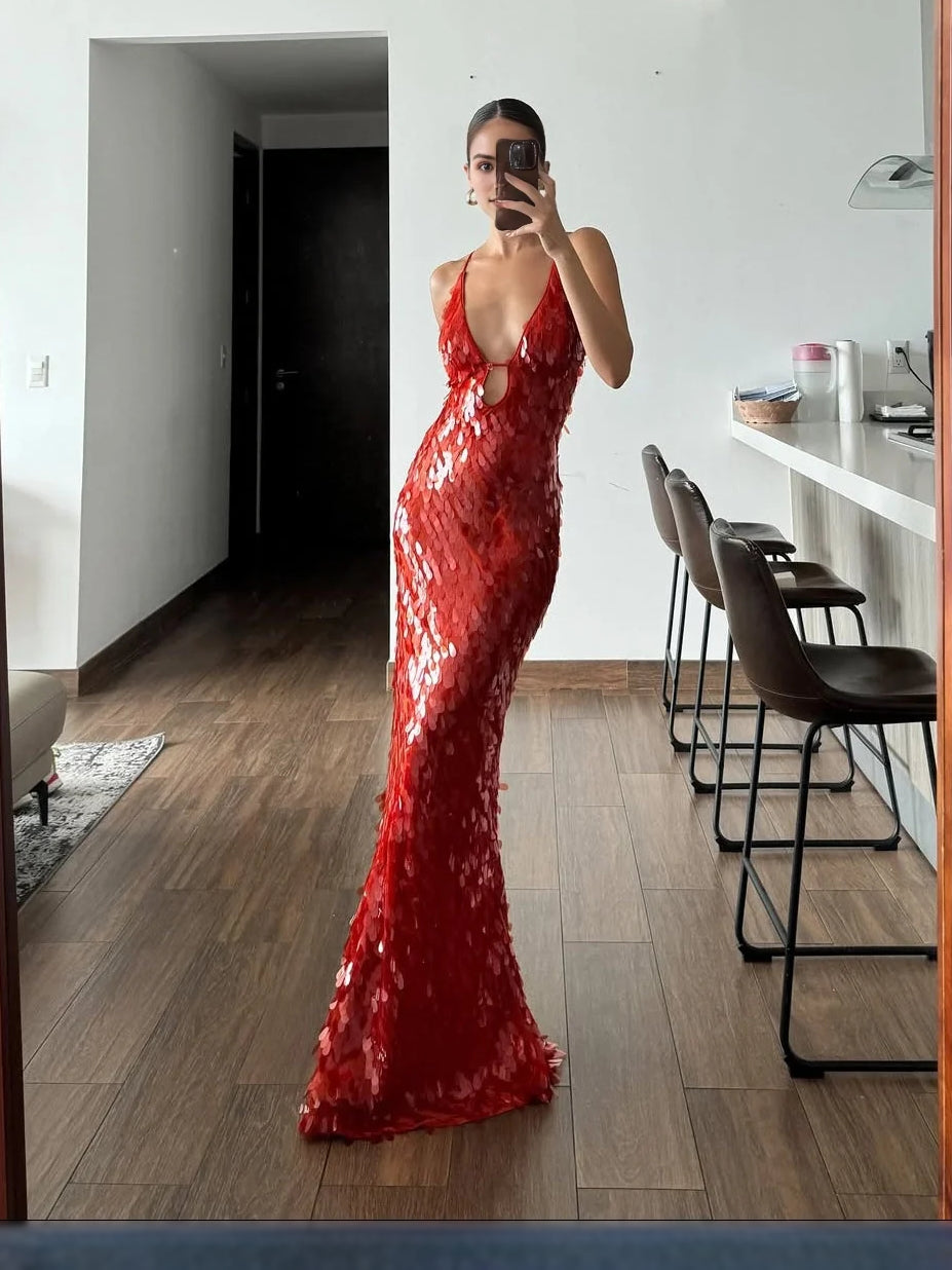Burgundy mermaid floor-length formal dress with sequins, alternate view showing the hem