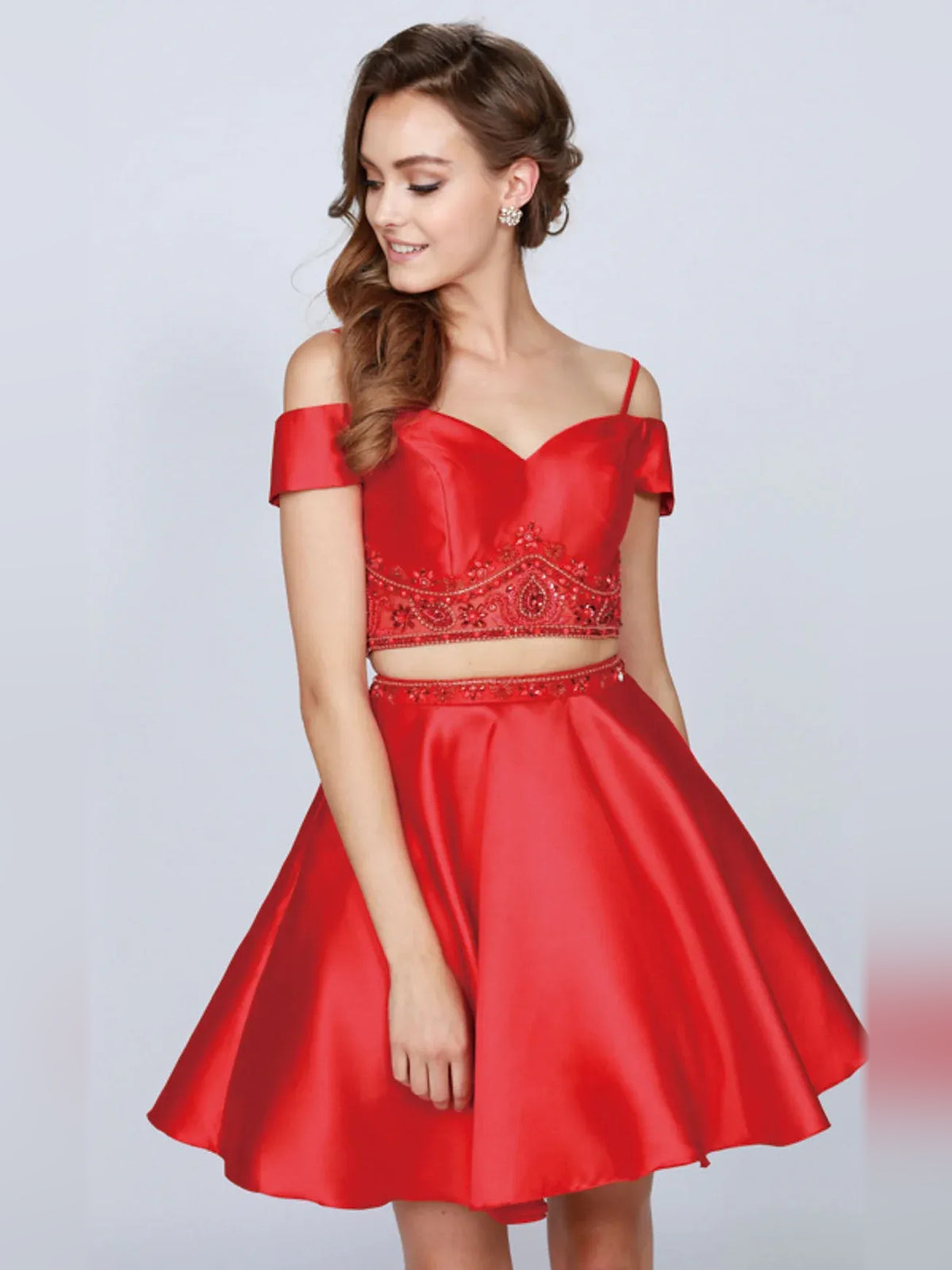 Red short homecoming dress, alternate view showing the full-length profile