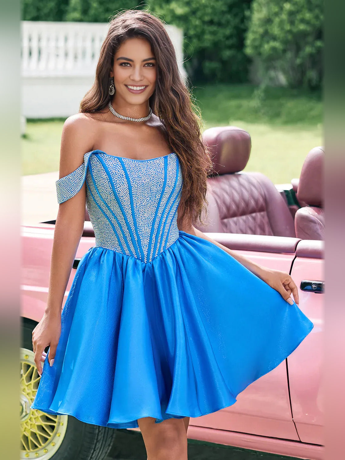 Ocean Blue mini homecoming dress, alternate view showing the full-length profile