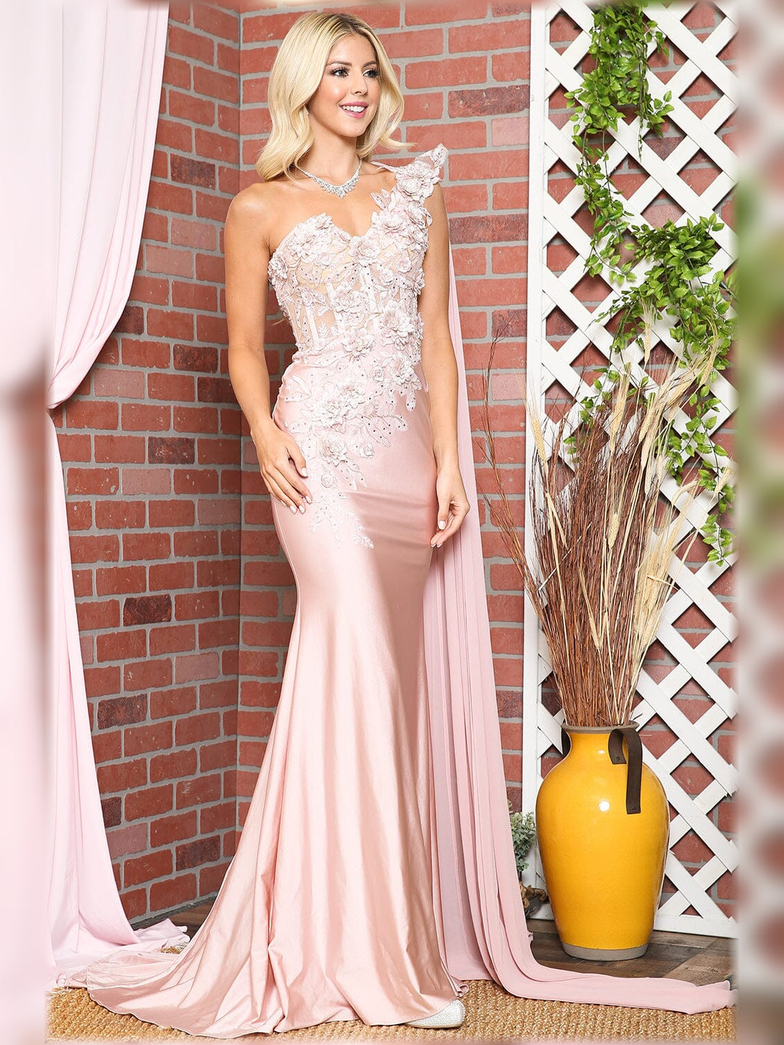 Champagne mermaid floor-length formal dress with floral print, alternate view showing the hem