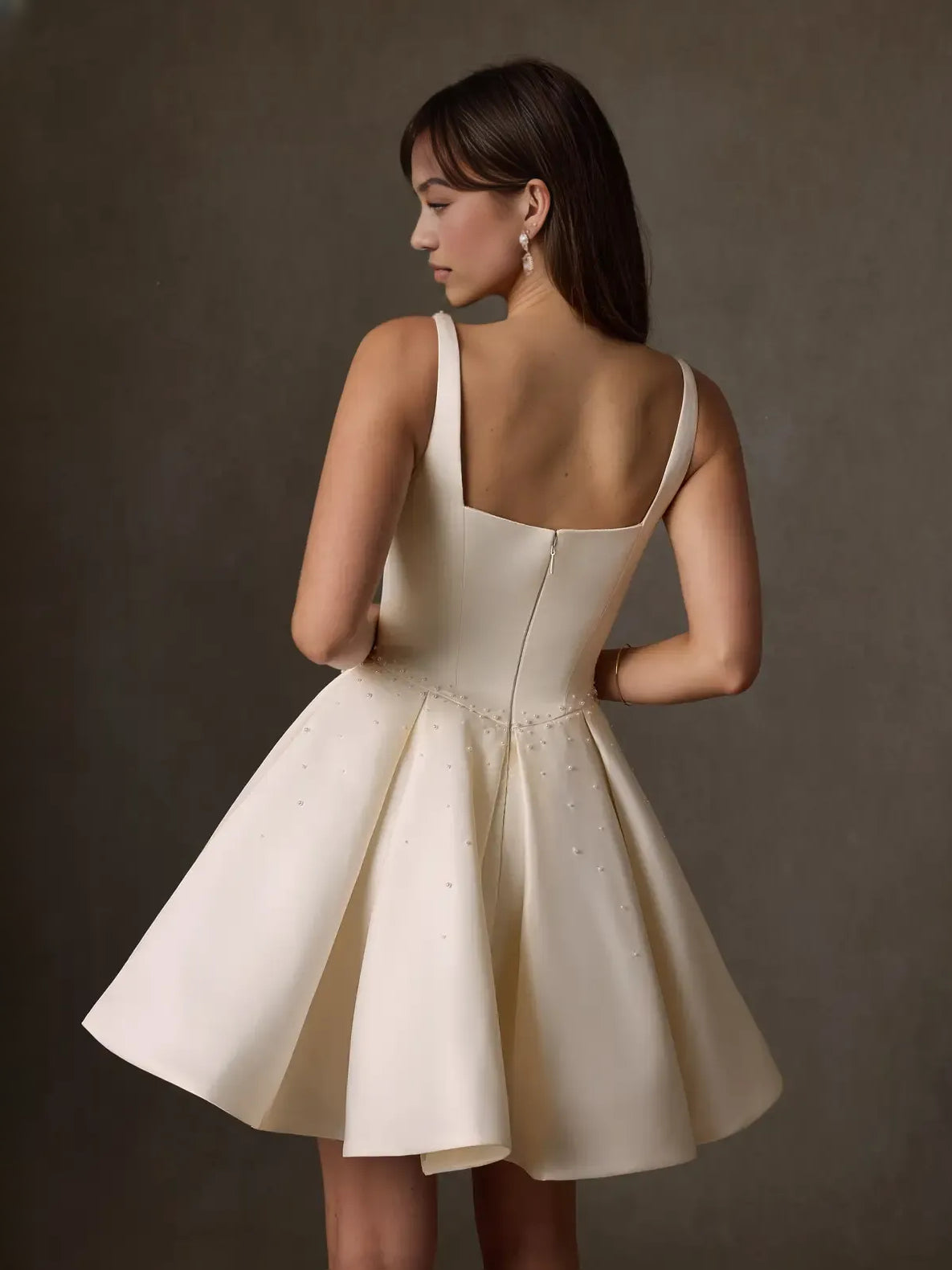 White mini wedding dress, alternate view showing the full-length profile