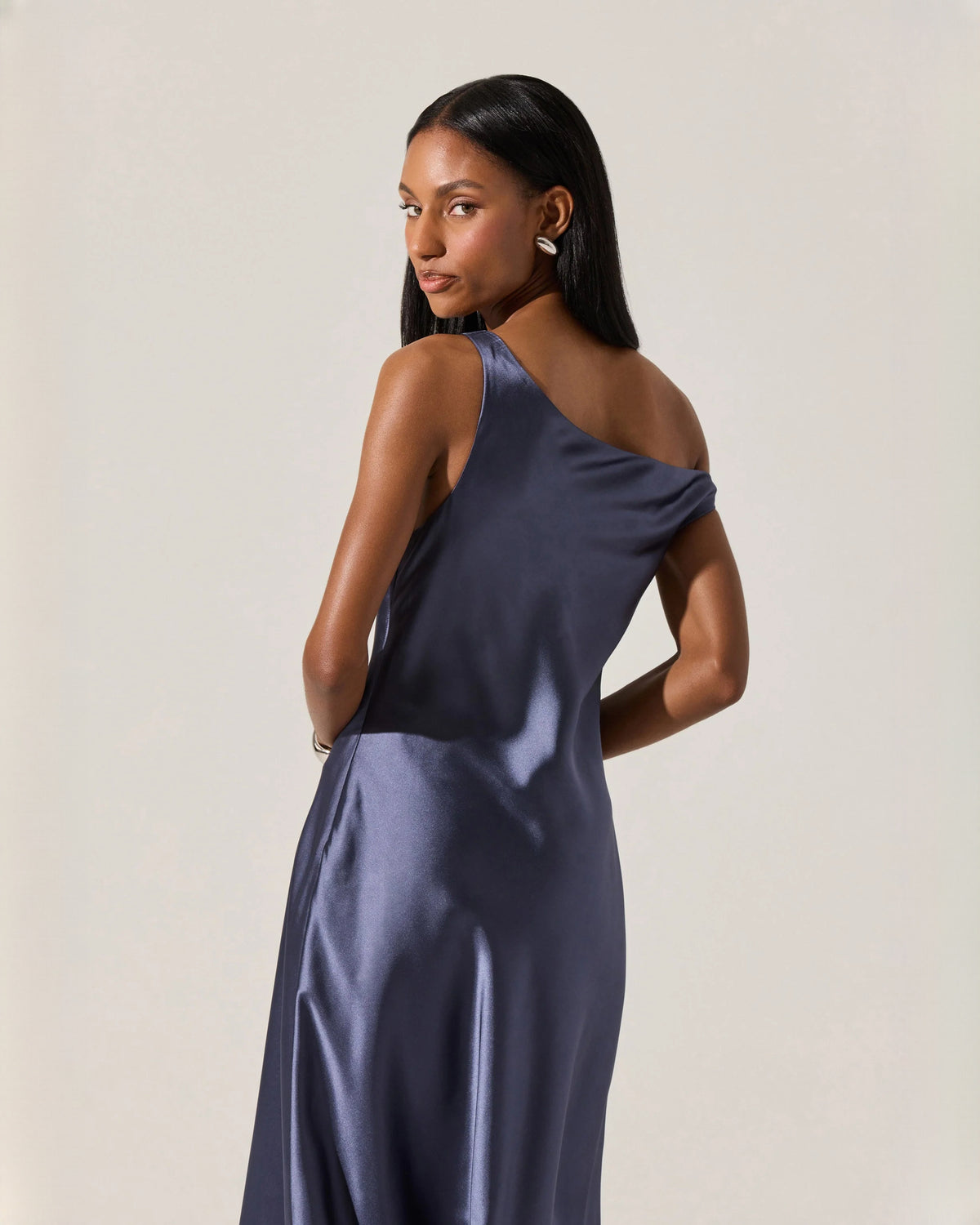 off-shoulder satin a-line midi bridesmaid dress - image 6