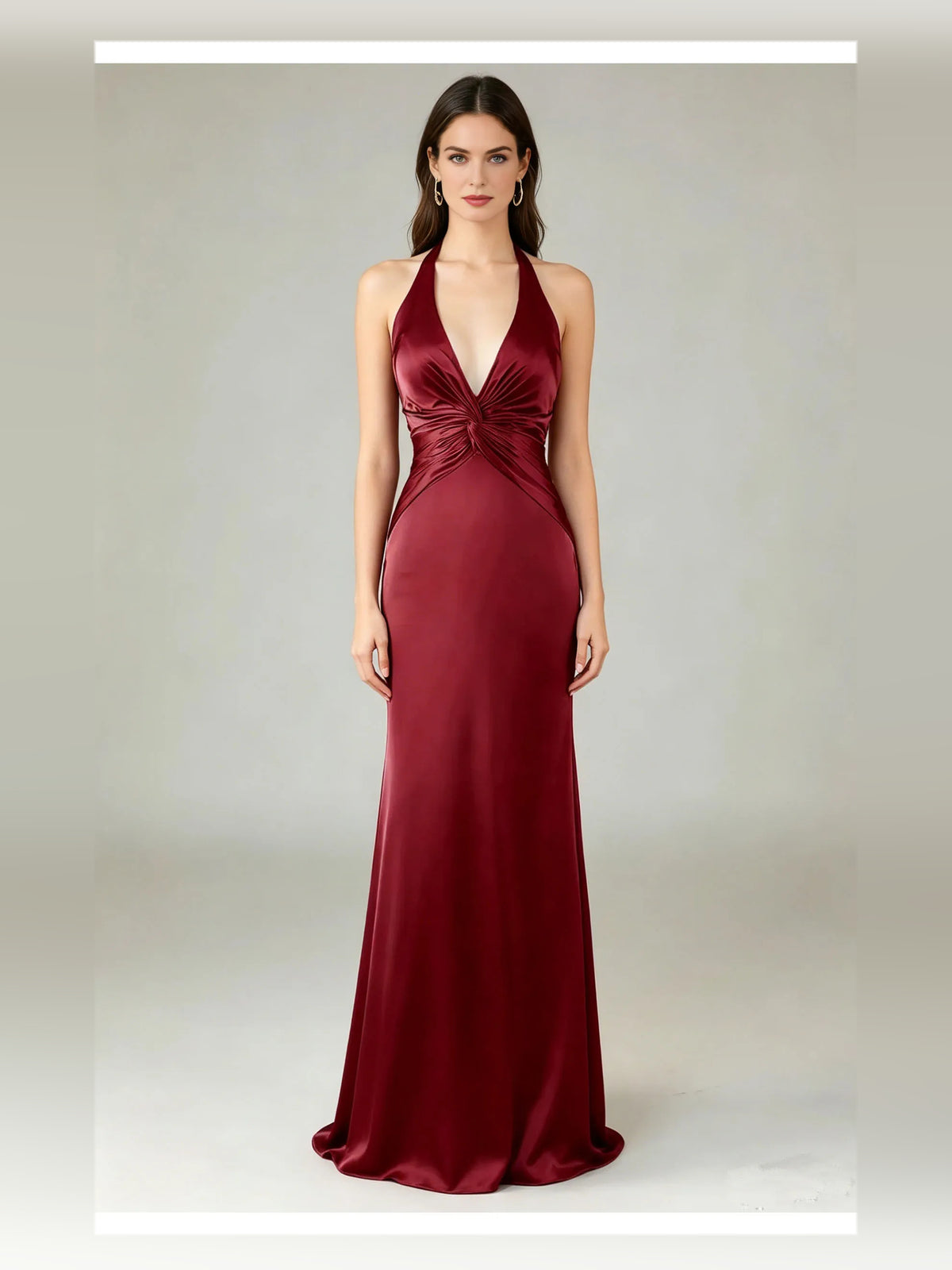 Burgundy floor-length prom dress, alternate view showing the full-length profile