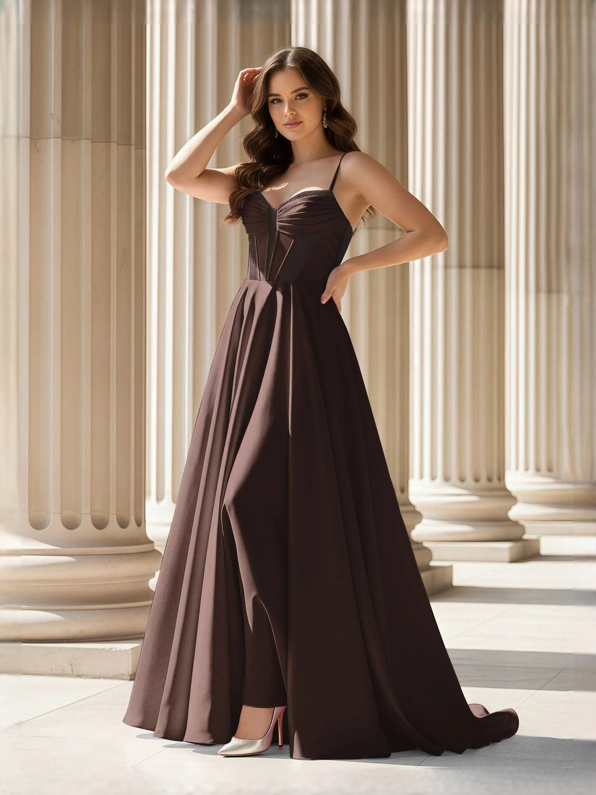Chocolate maxi prom dress, alternate view showing the full-length profile