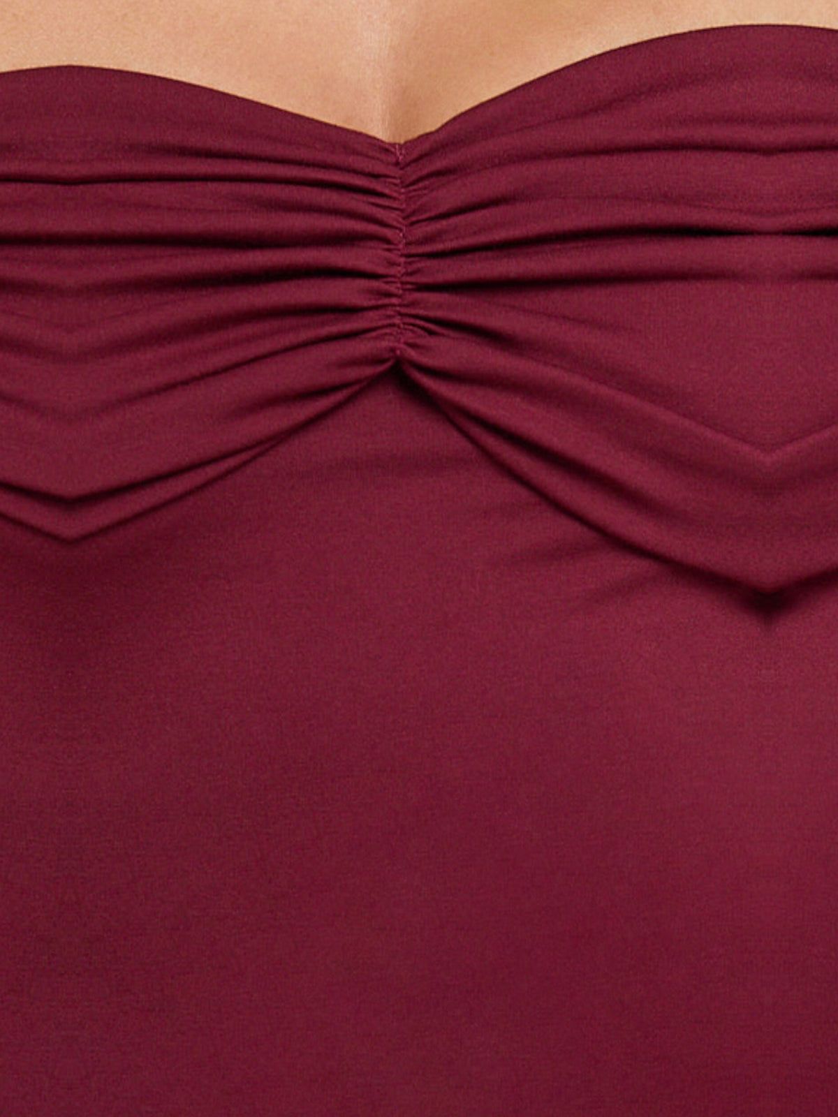 Wine bodycon maxi formal dress with ruching, alternate view showing the hem