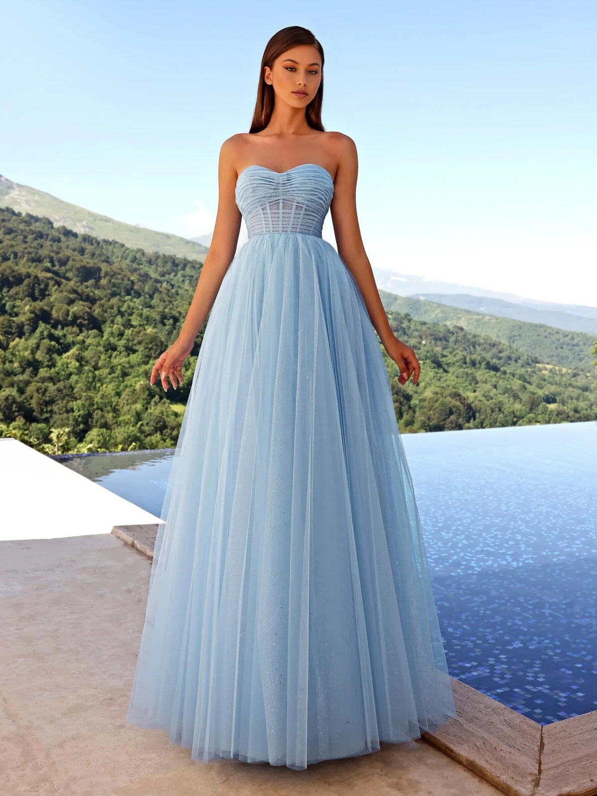 Sky Blue floor-length prom dress, alternate view showing the full-length profile