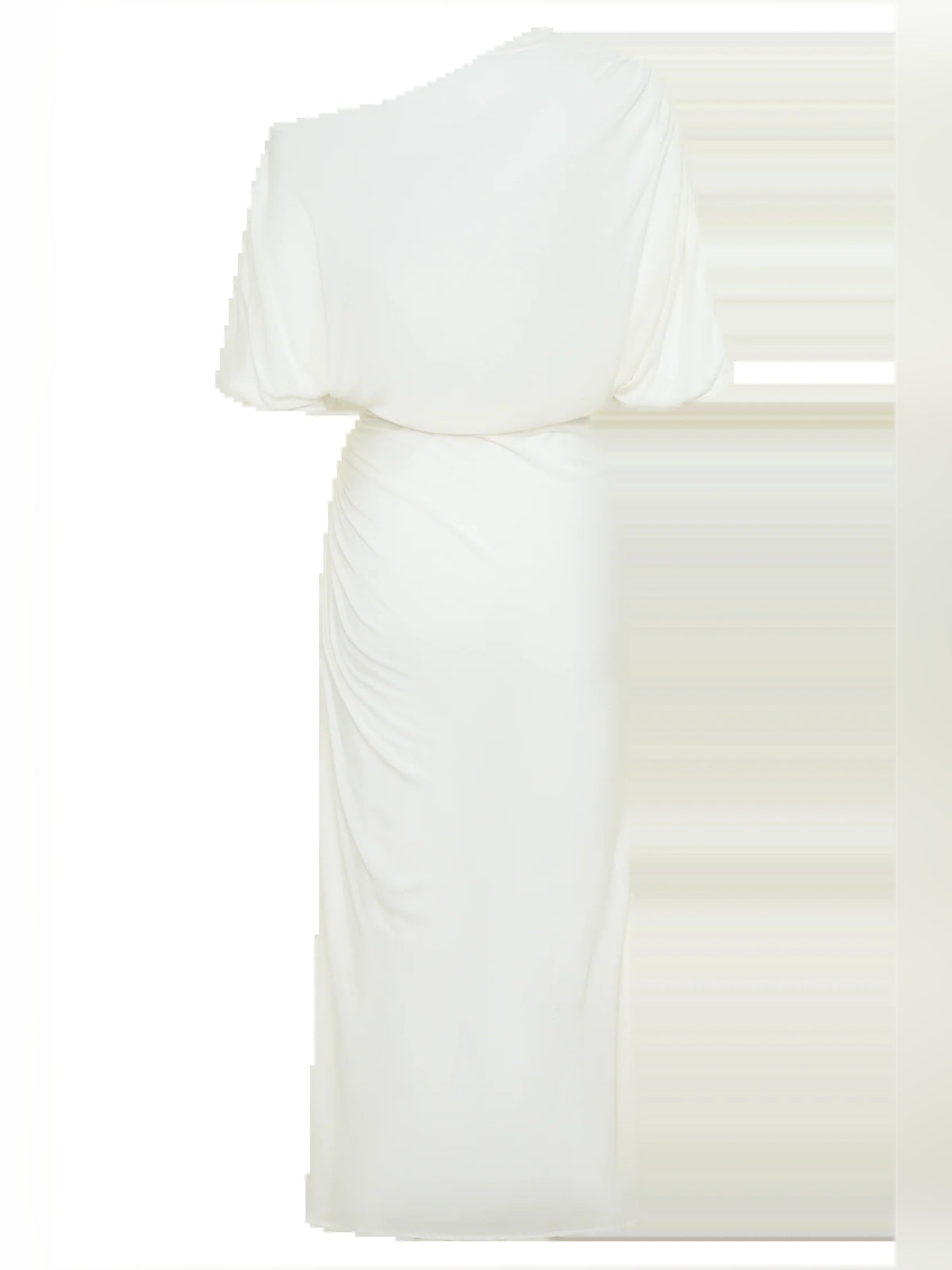 White midi formal dress with draping, alternate view showing the hem