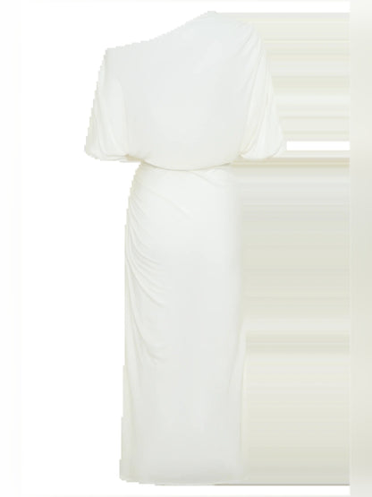 White midi formal dress with draping, alternate view showing the hem