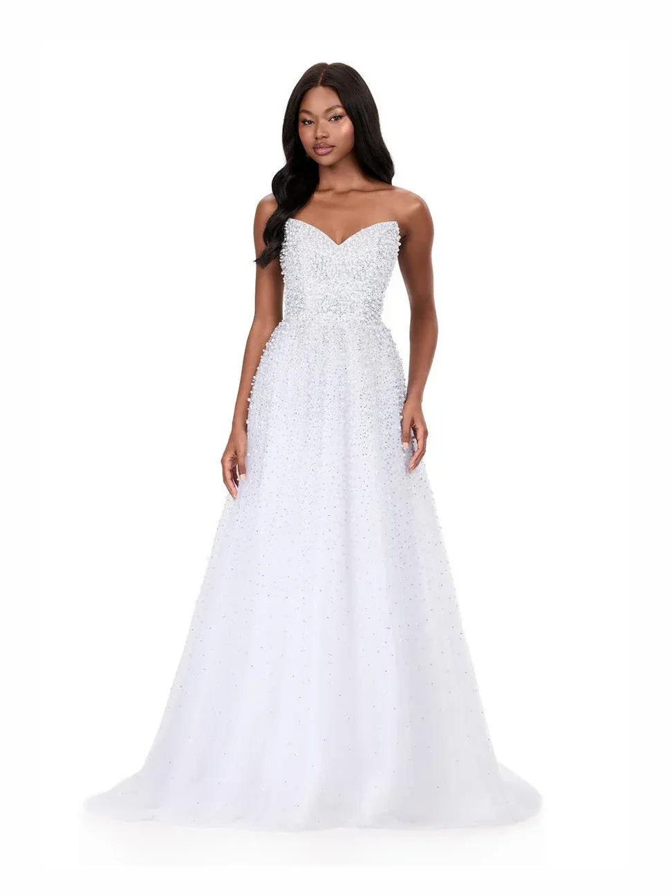 White floor-length prom dress, alternate view showing the full-length profile
