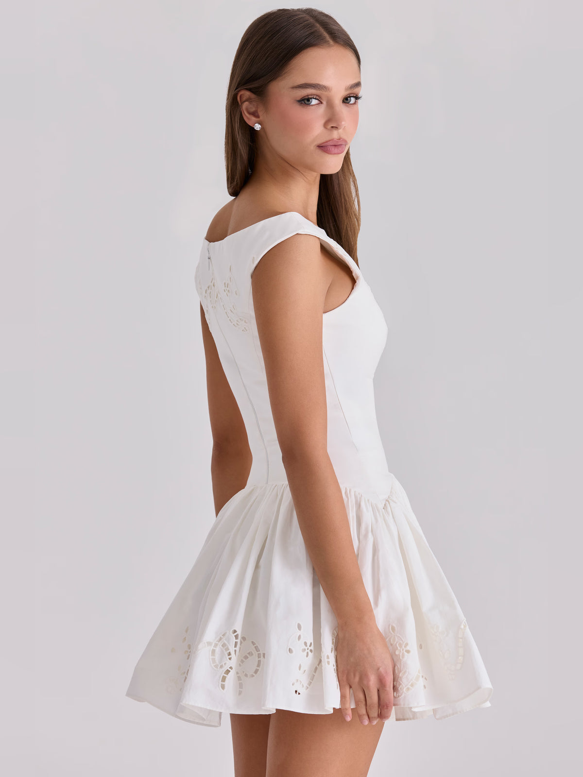 White mini homecoming dress, alternate view showing the full-length profile