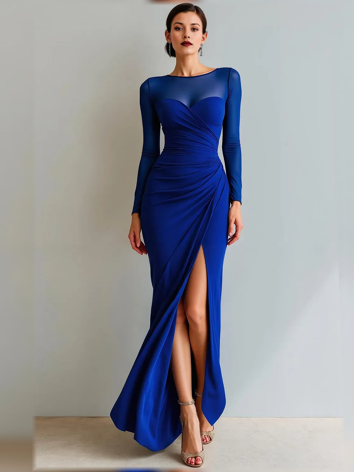 Royal Blue sheath floor-length formal dress with skirt slit, alternate view