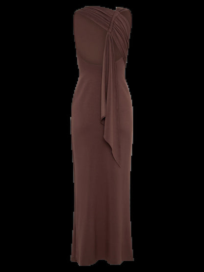 Brown midi formal dress, alternate view showing the hem