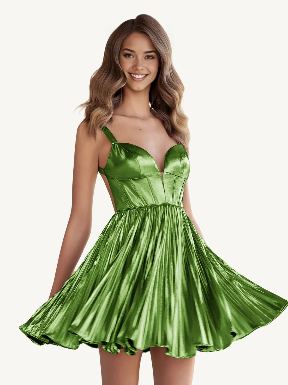 Green mini homecoming dress, alternate view showing the full-length profile