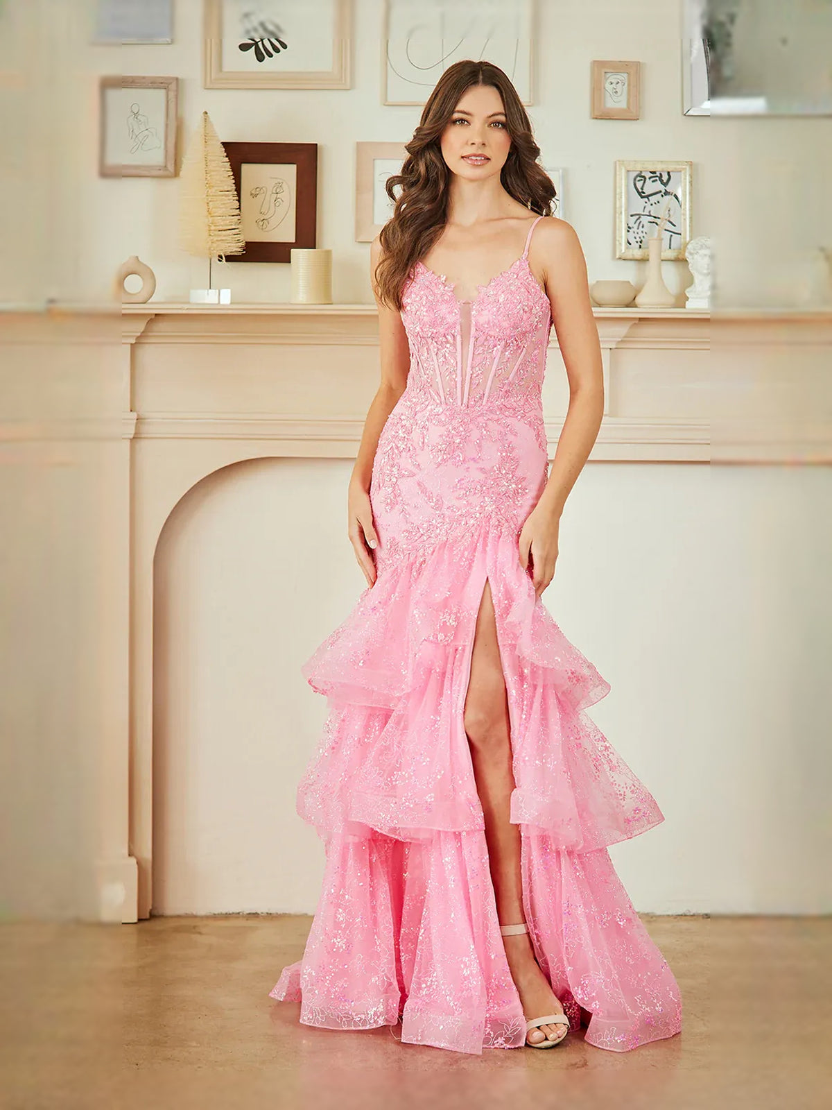 Pink floor-length prom dress, alternate view showing the full-length profile