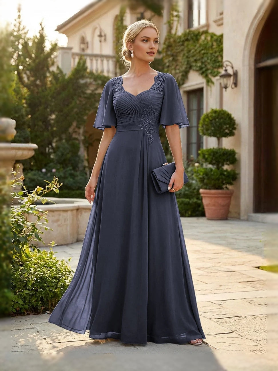 Navy Blue floor-length mother of the bride dress, alternate view showing the full-length profile