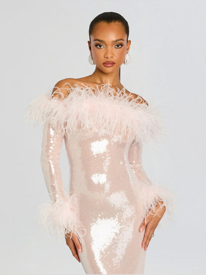 Pink midi formal dress with sequins, alternate view showing the hem