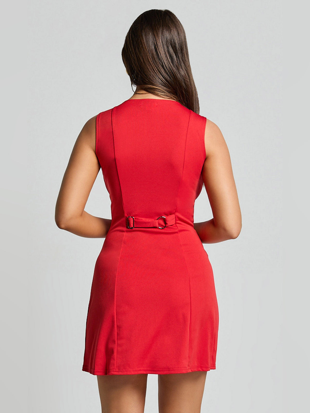 Red mini homecoming dress, alternate view showing the full-length profile