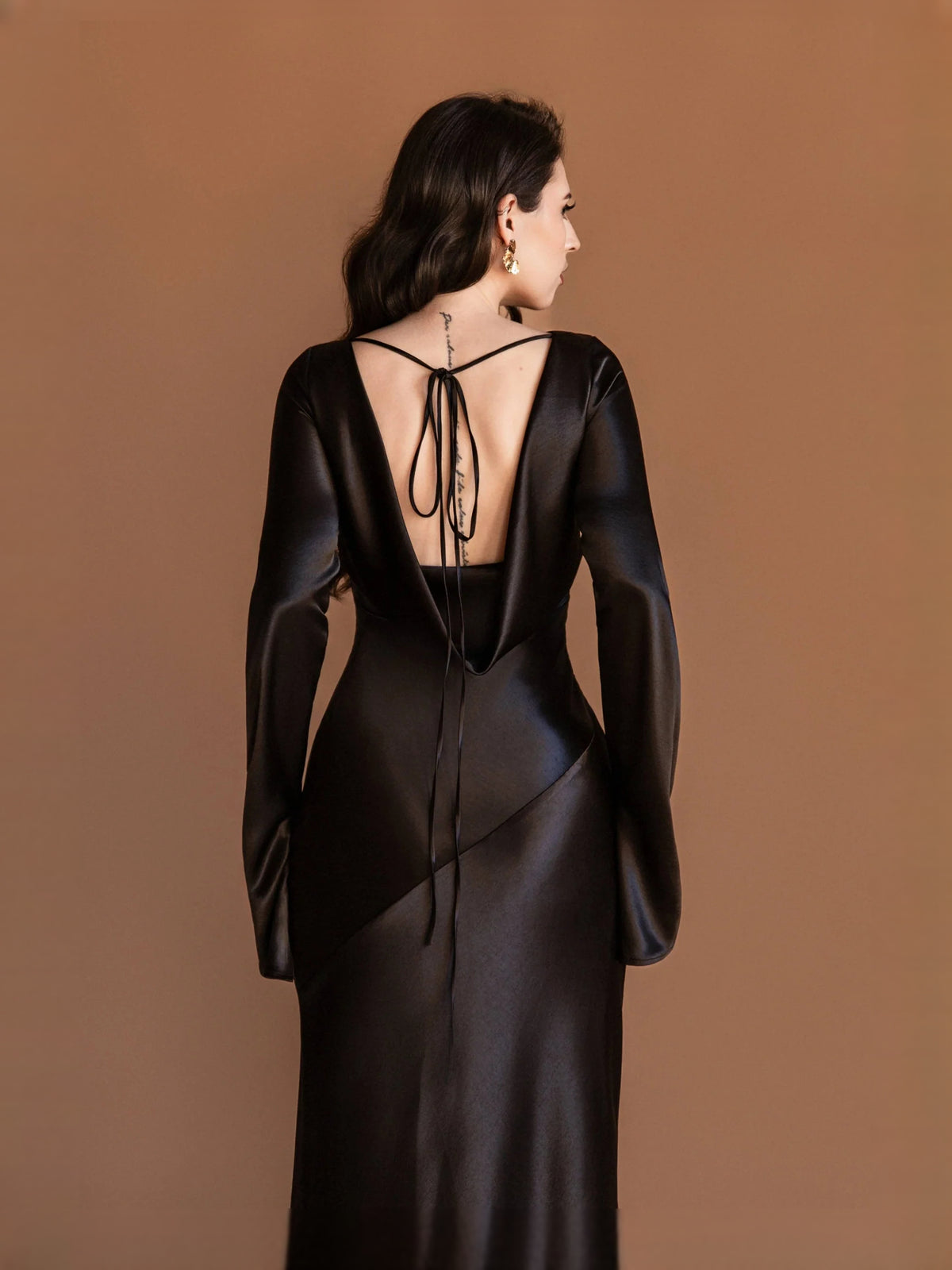 Champagne floor-length prom dress, alternate view showing the full-length profile