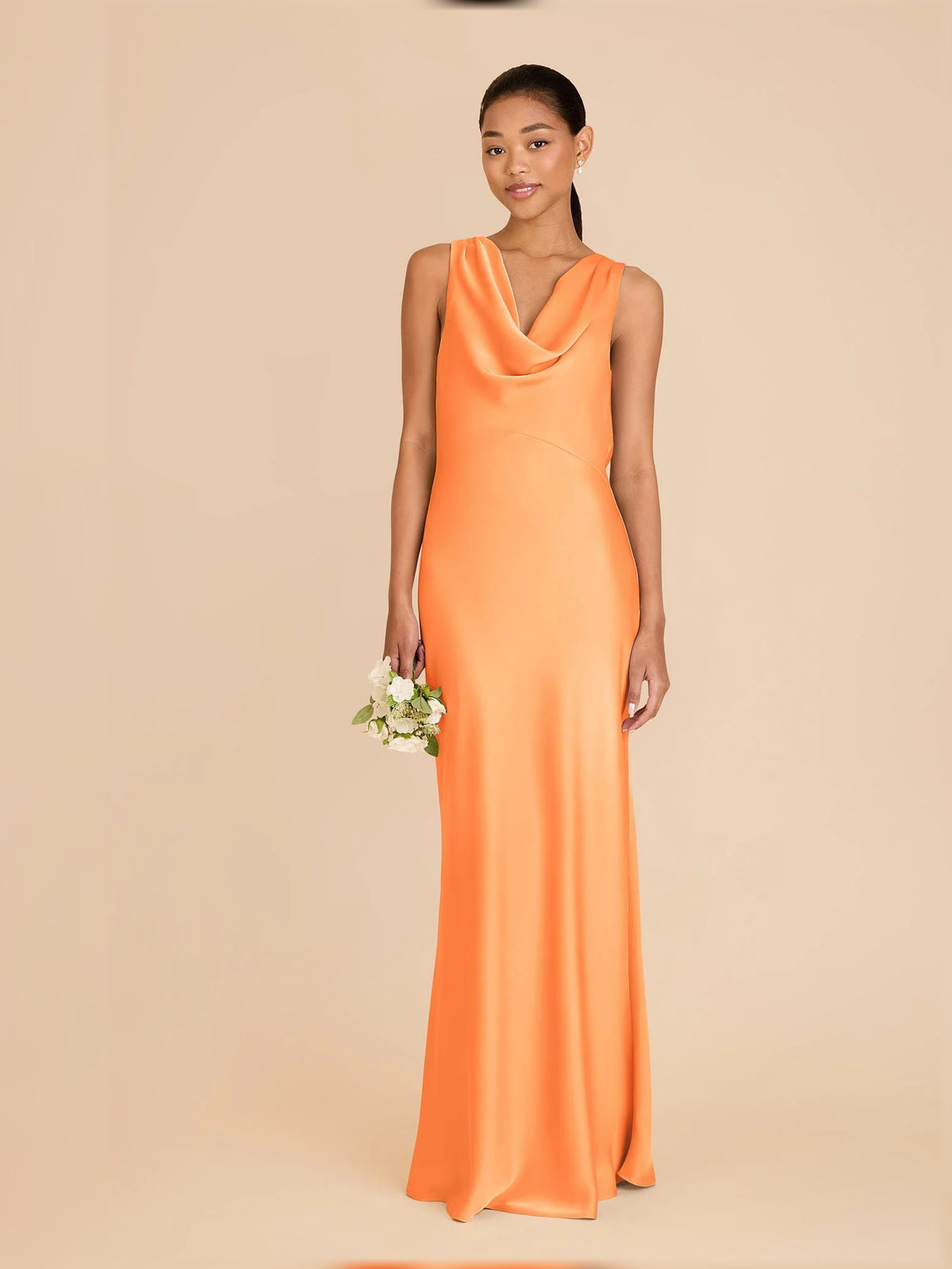 Apricot maxi bridesmaid dress, alternate view showing the full-length profile