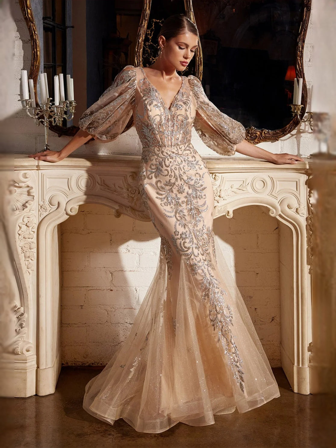 Champagne floor-length prom dress, alternate view showing the full-length profile