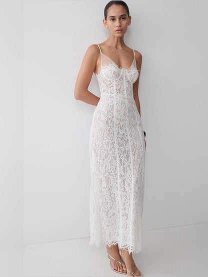 White midi formal dress, alternate view showing the hem