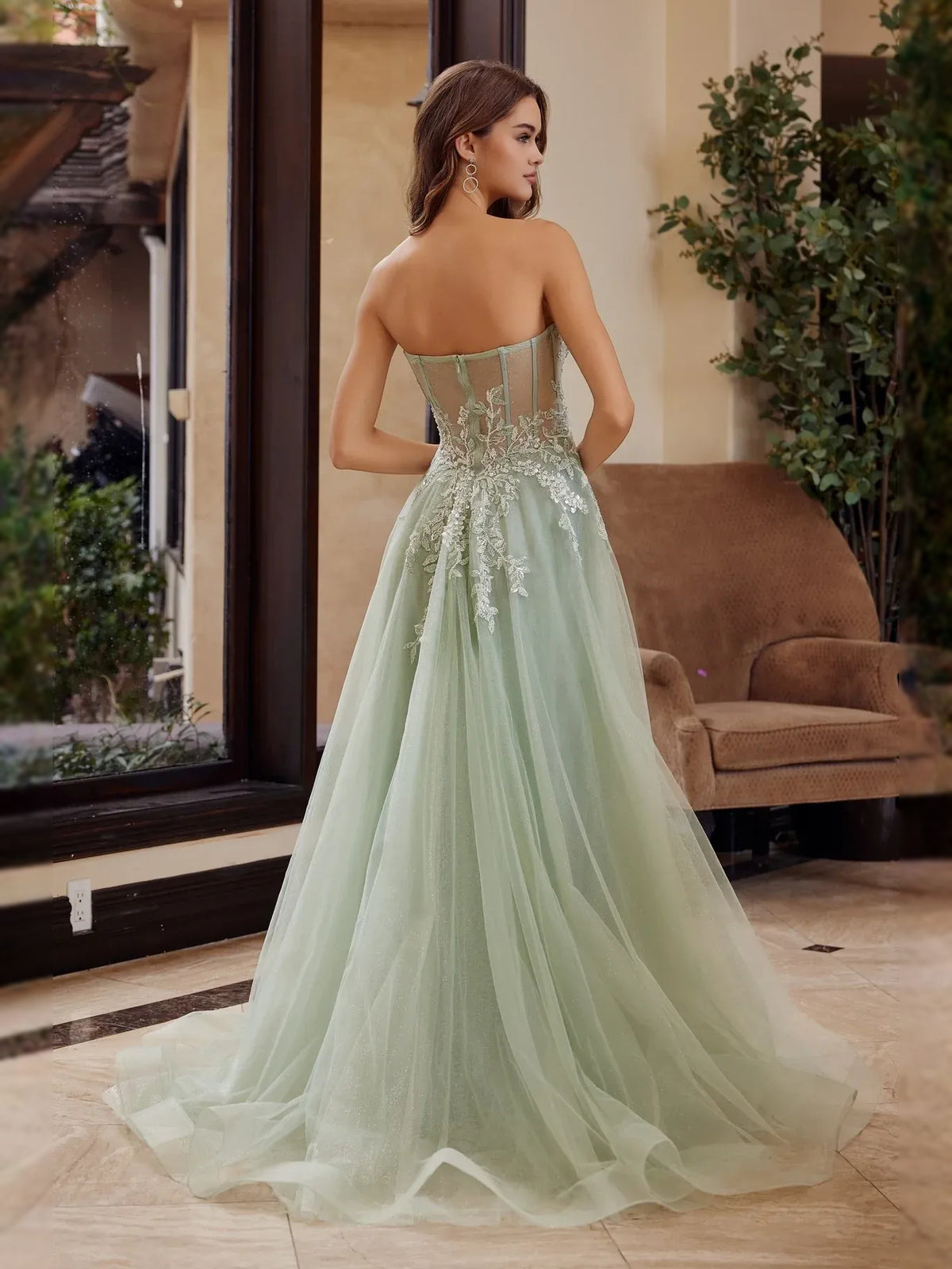 Dusty Sage maxi prom dress, alternate view showing the full-length profile
