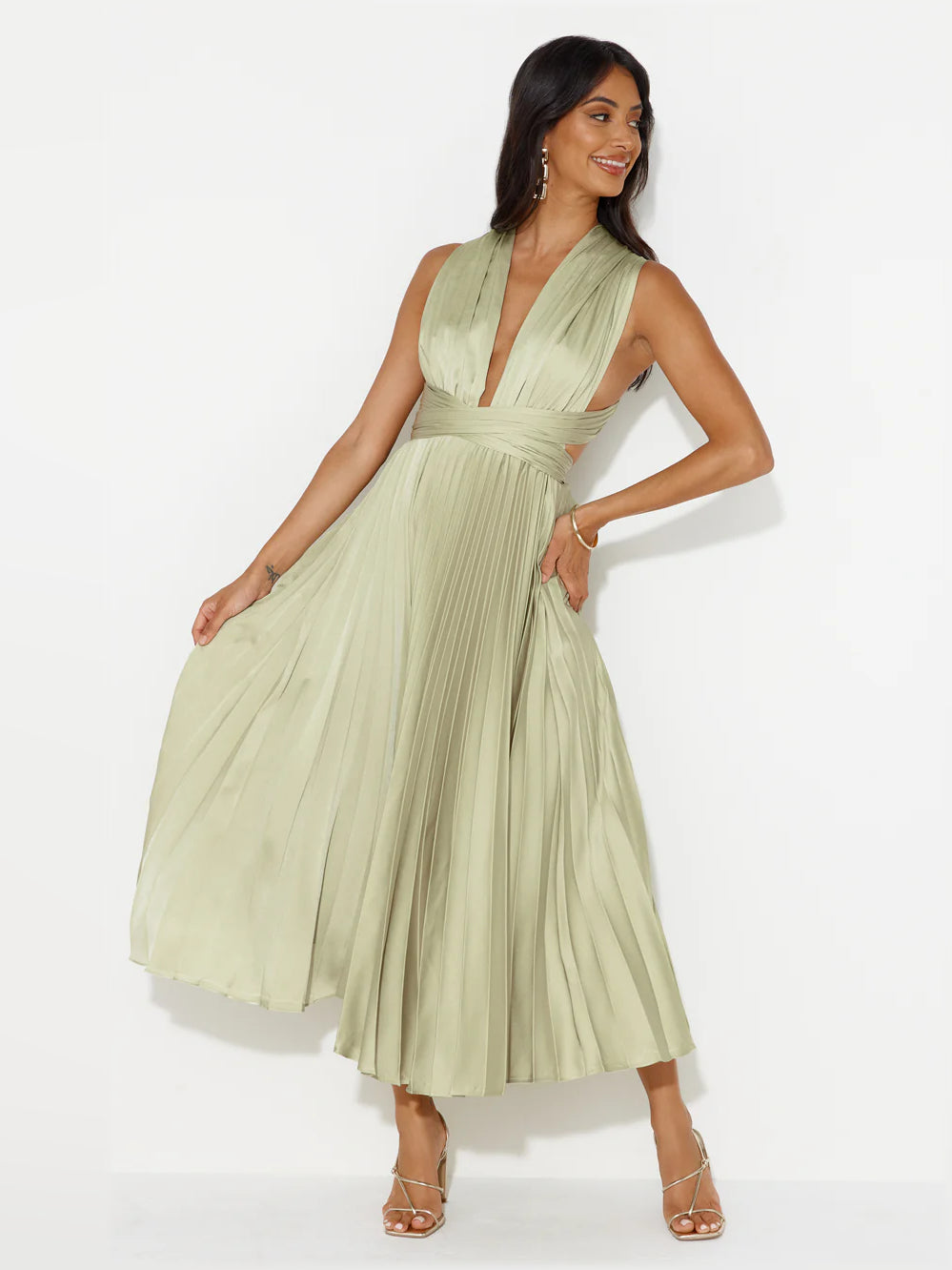 Lime midi formal dress, alternate view showing the hem
