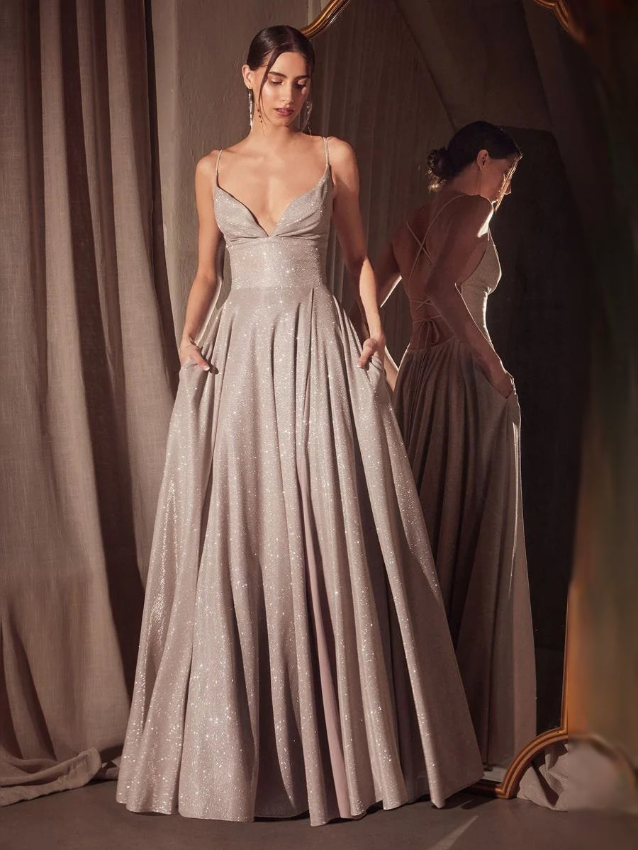 Champagne floor-length prom dress, front view showing the a-line silhouette
