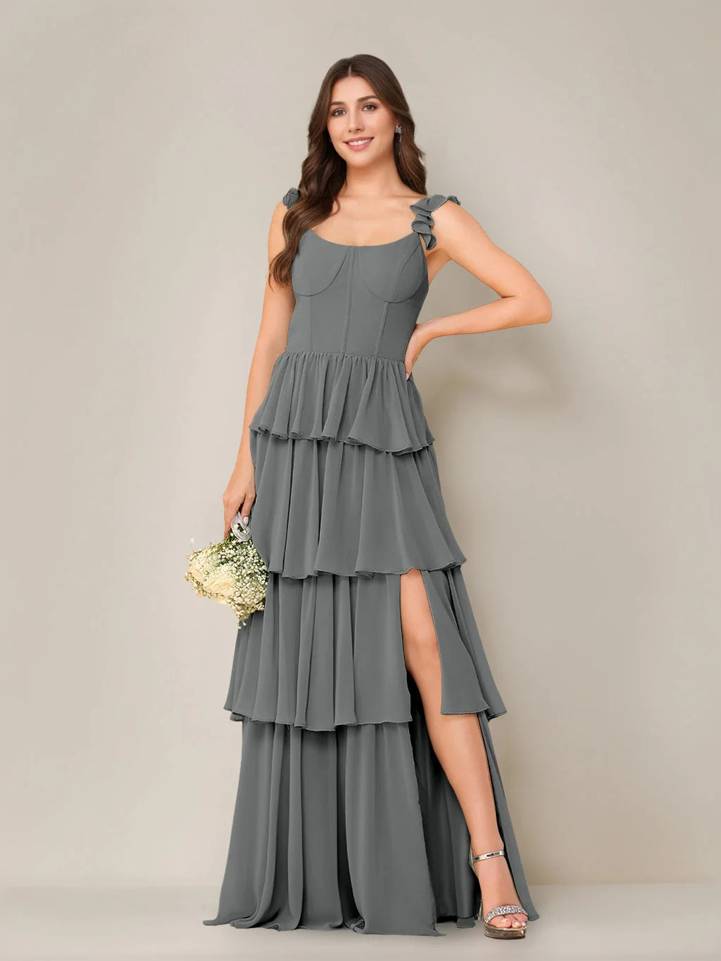 Grey maxi bridesmaid dress, alternate view showing the full-length profile