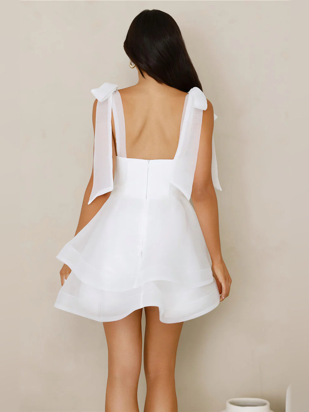 White mini homecoming dress, alternate view showing the full-length profile