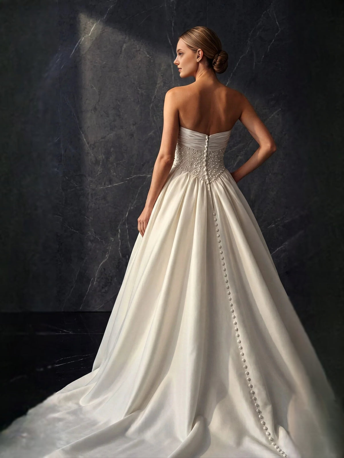 Ivory floor-length wedding dress, alternate view showing the full-length profile